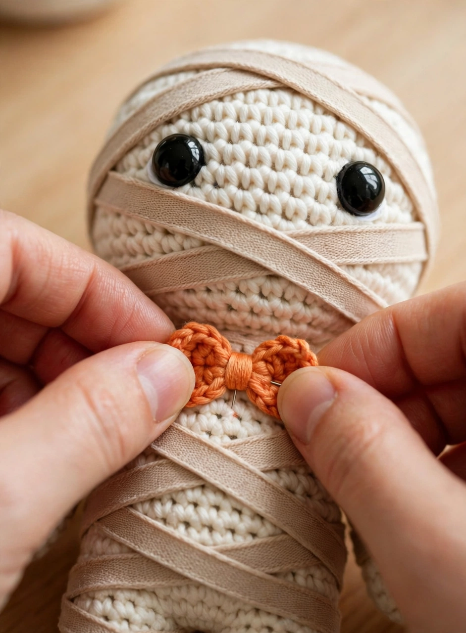 Pinning the orange crochet bow tie onto the crochet mummy