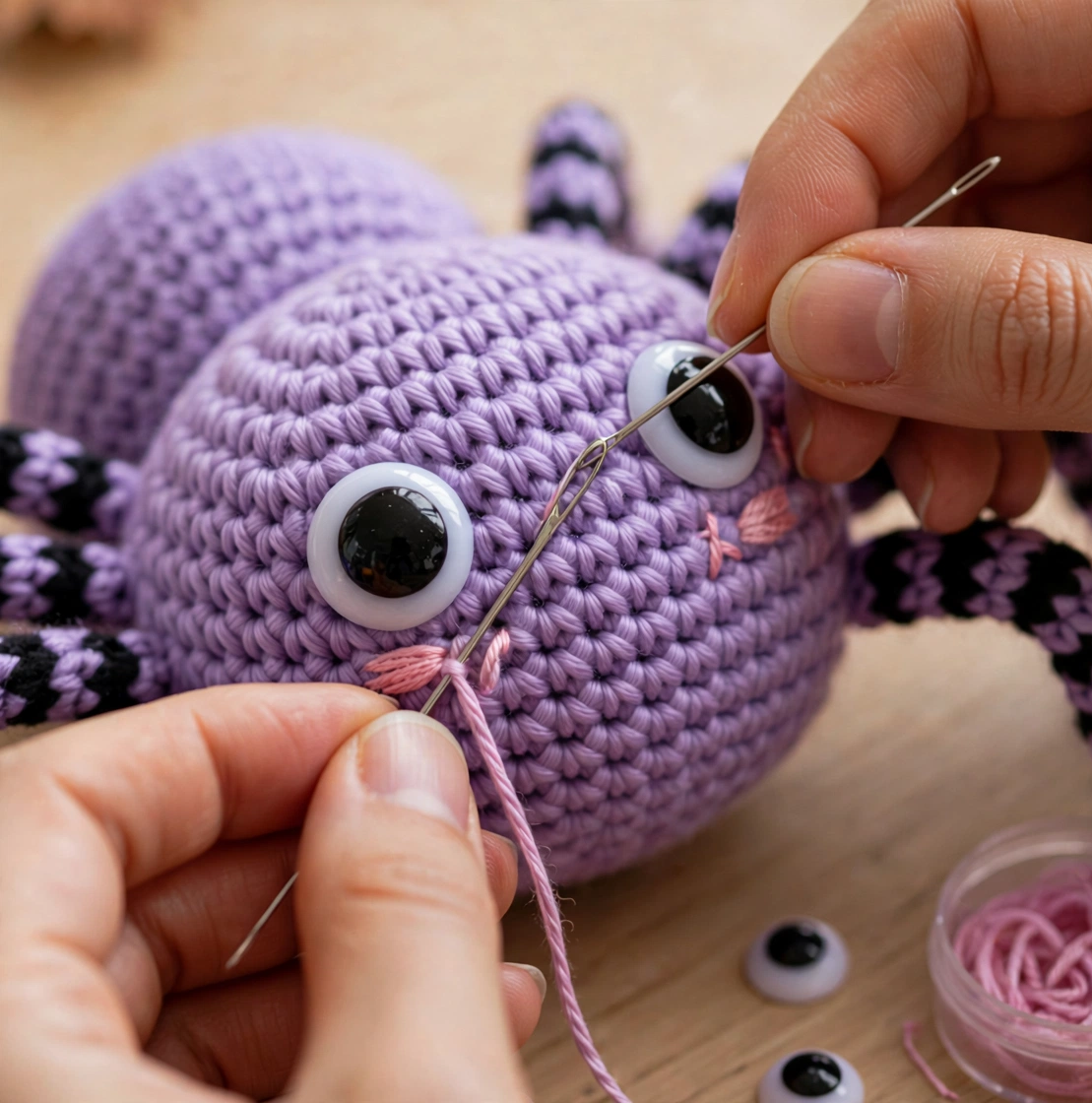 Step 5 of the crochet spider pattern: adding safety eyes and embroidering pink cheeks