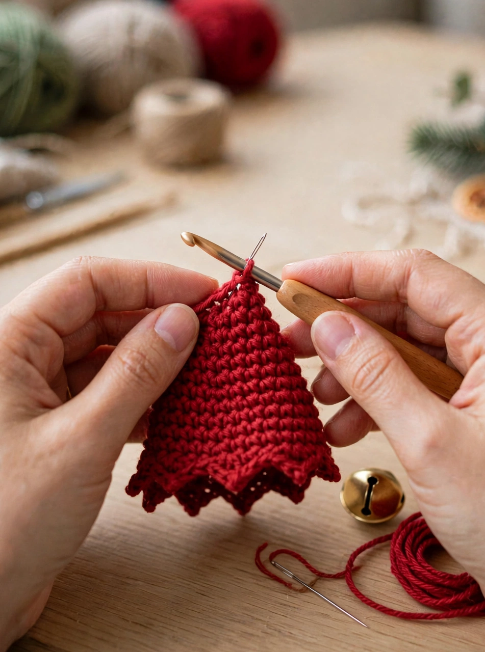 Step 5 of the crochet Christmas elf pattern — crocheting the tall red pointy hat with a gold bell