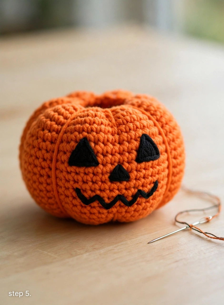 Orange pumpkin with the black jack-o'-lantern face sewn on and a yarn needle - step 5 of the crochet jack-o-lantern pattern