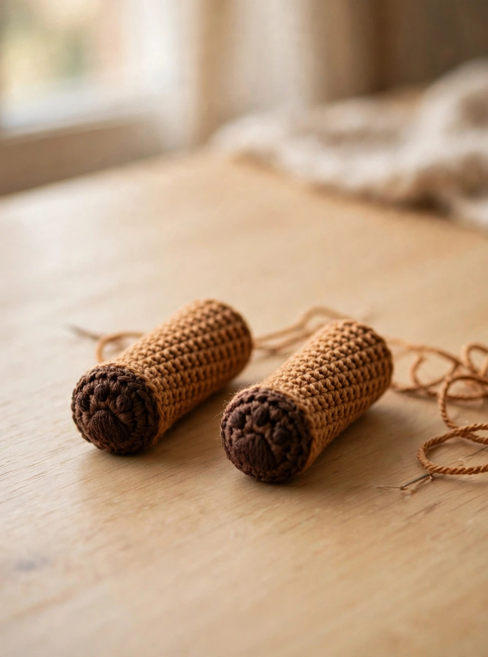 Two crochet arm tubes with dark brown paws for the crochet bear mug buddy pattern