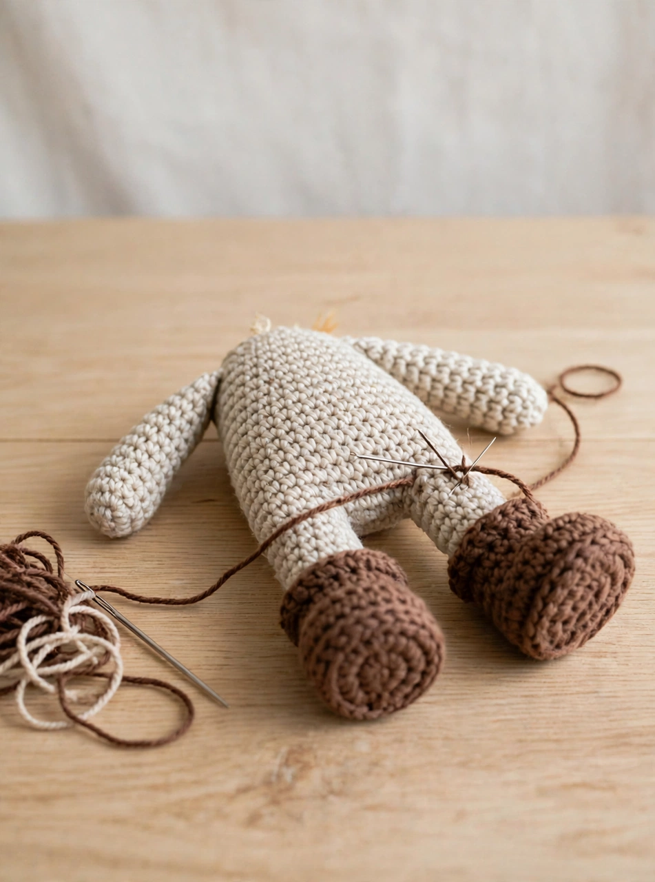 Attaching the crocheted arms, legs and chunky brown boots to the scarecrow body