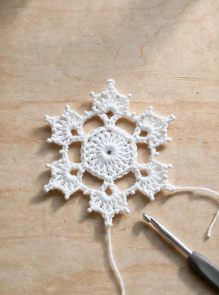 Step 5 of the crochet snowflake ornament pattern: pointed arms with a picot edge being worked around the snowflake