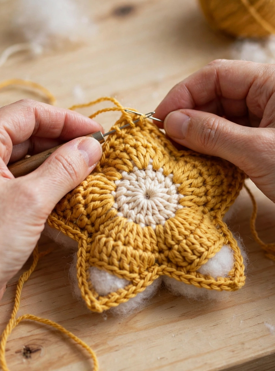 Joining two crochet Christmas star ornament layers with a yarn needle and light stuffing