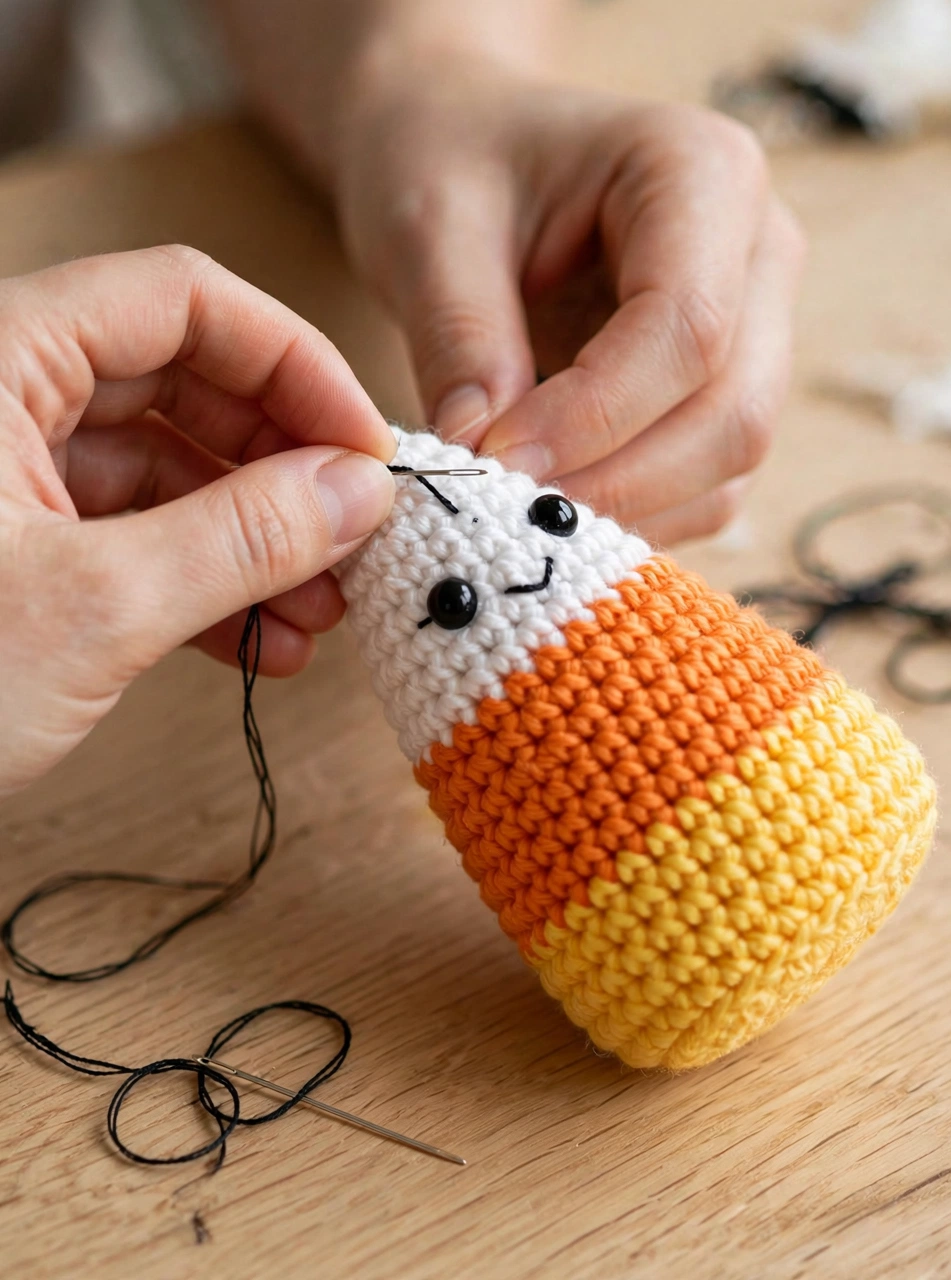 Step 5 of the crochet candy corn pattern: embroidering the smiling face