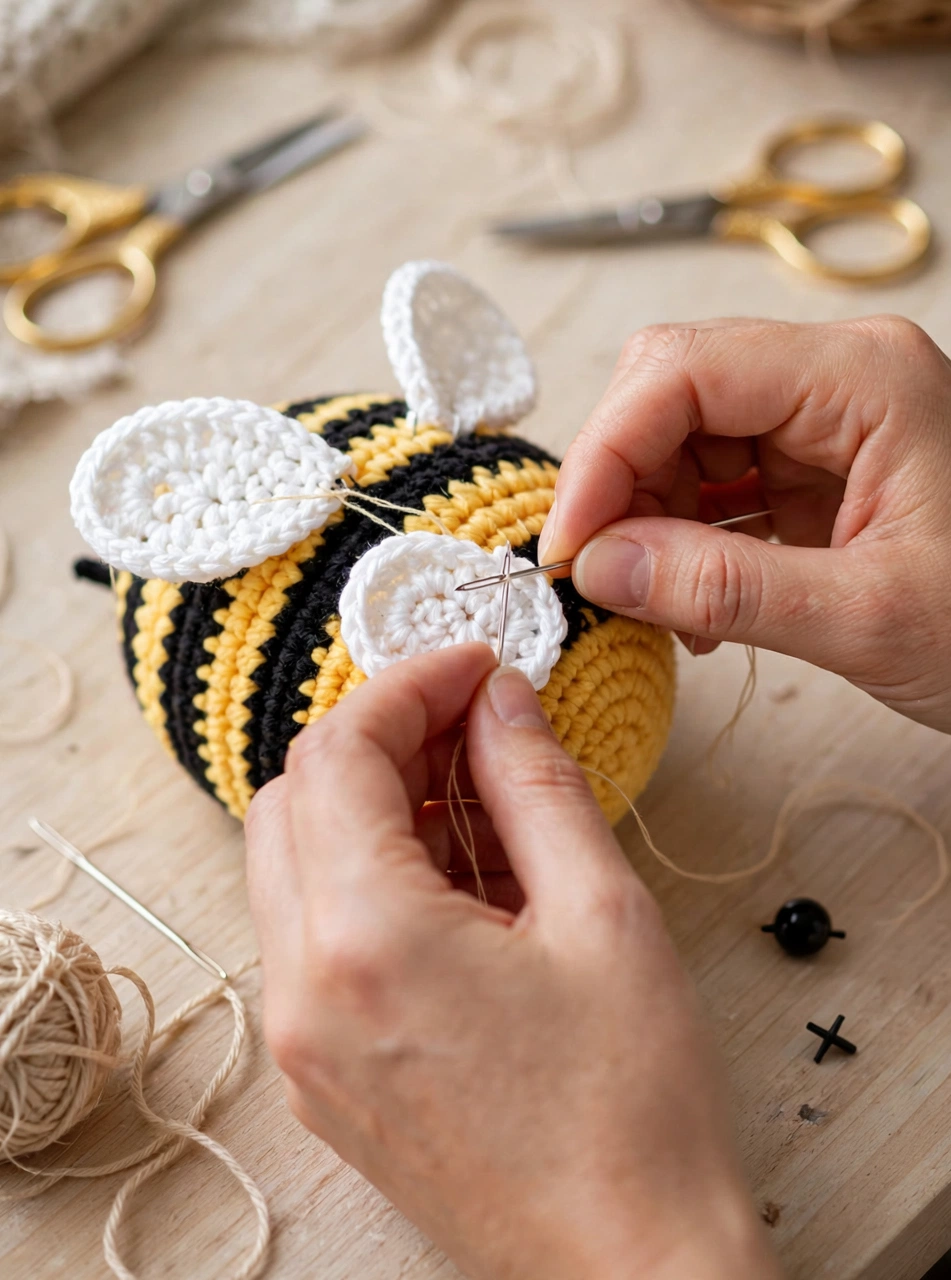 Attaching white wings and black safety eyes to the crochet bee