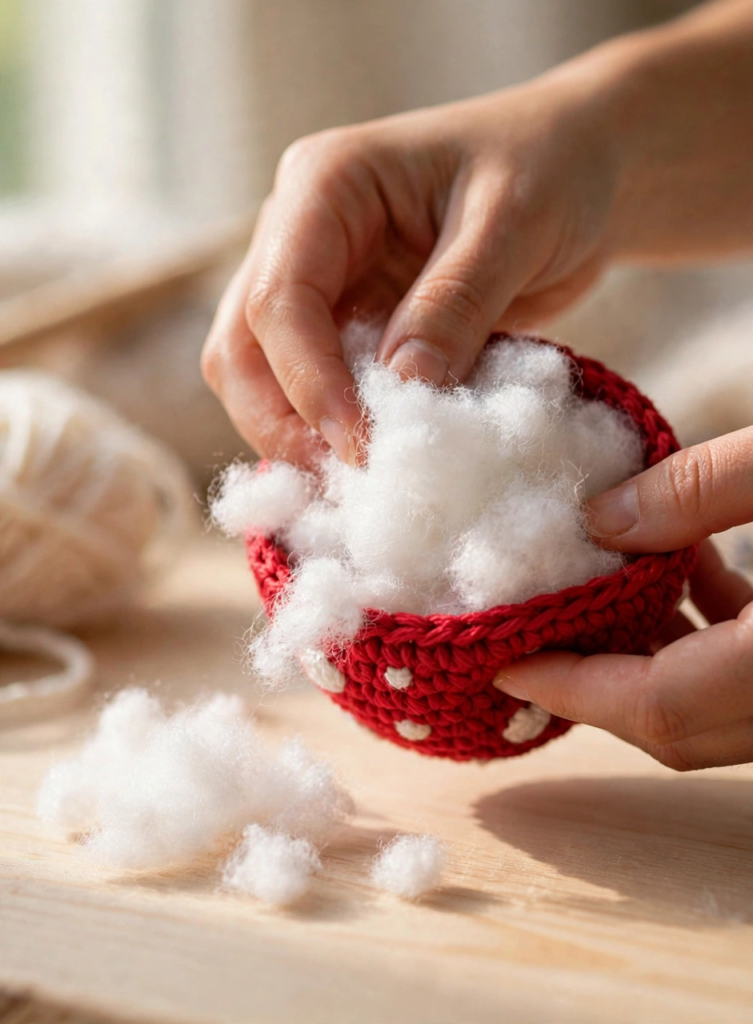 Stuffing the cap of the crochet mushroom amigurumi