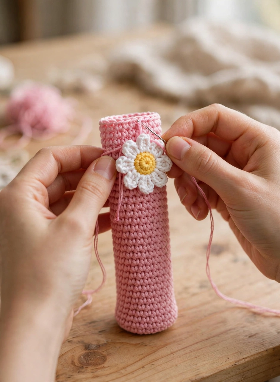 Step 5: sewing the daisy flower onto the pink crochet holder
