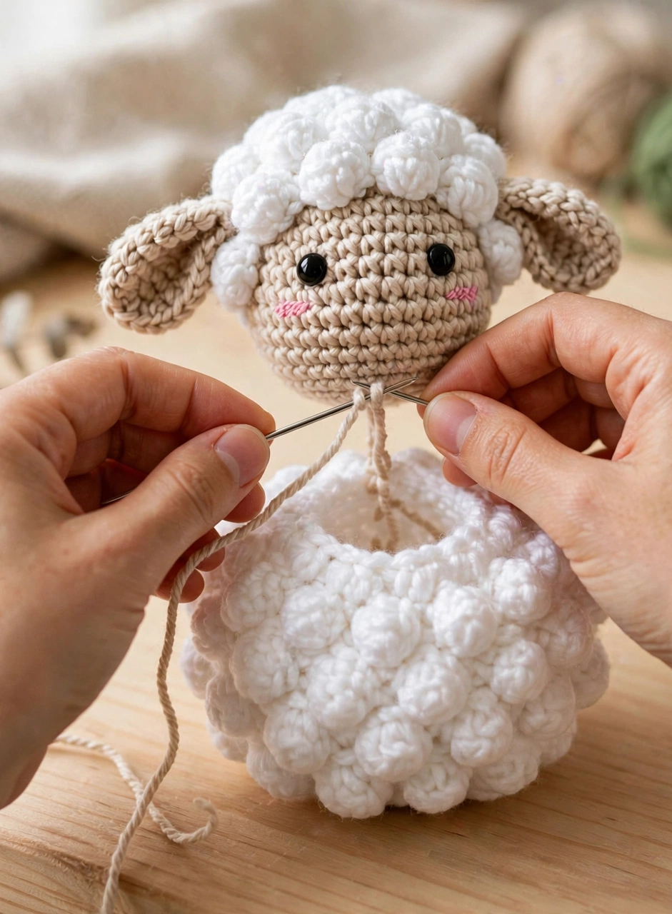 Step 5: sewing the beige head onto the fluffy white body