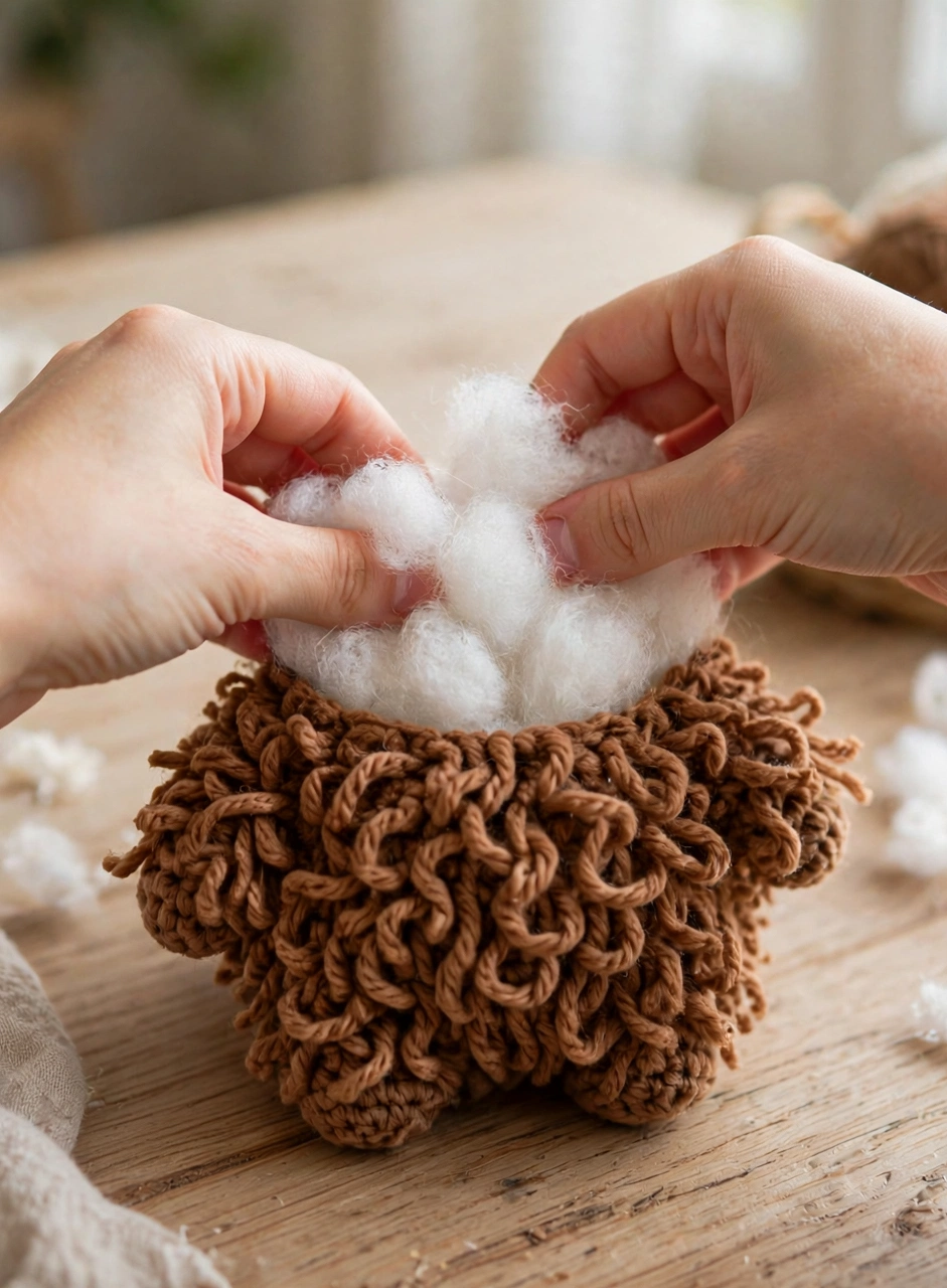 Stuffing the fluffy brown body with fiberfill