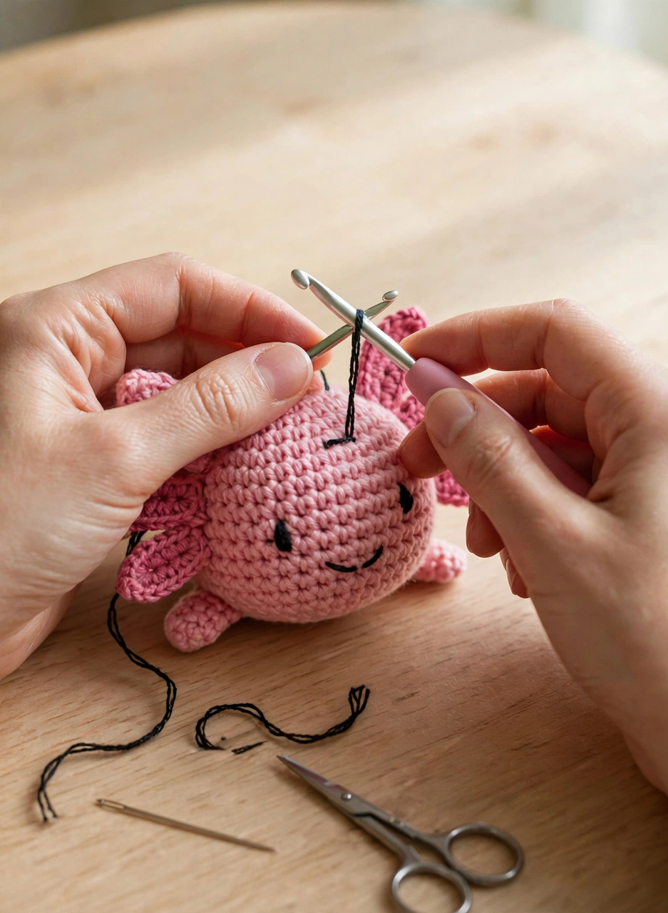 Step 5: embroidering the eyes and smile on the crochet axolotl