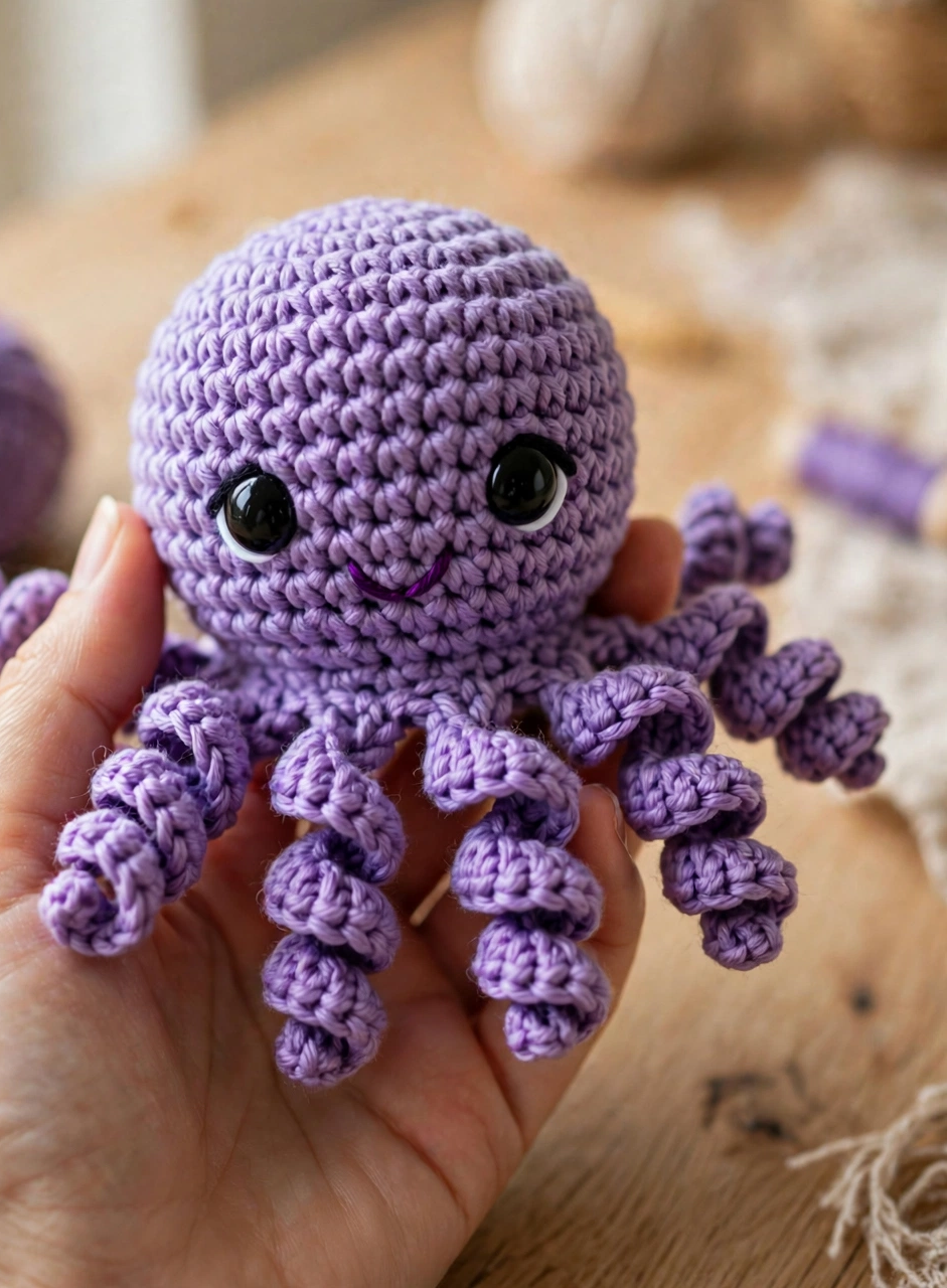 Finished crochet octopus amigurumi with curly tentacles held in a hand