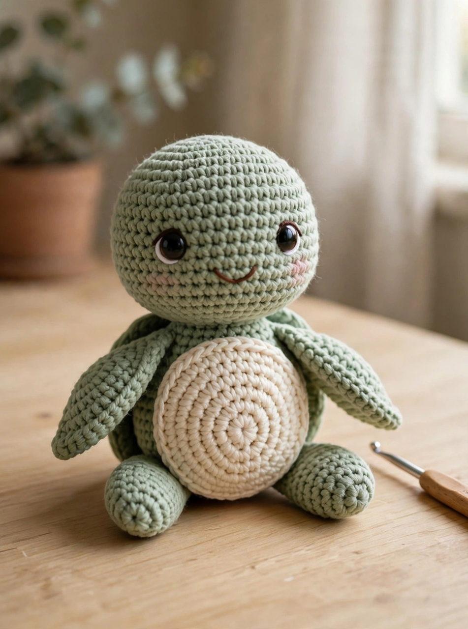 Finished sage green crochet turtle amigurumi with cream belly and embroidered smile