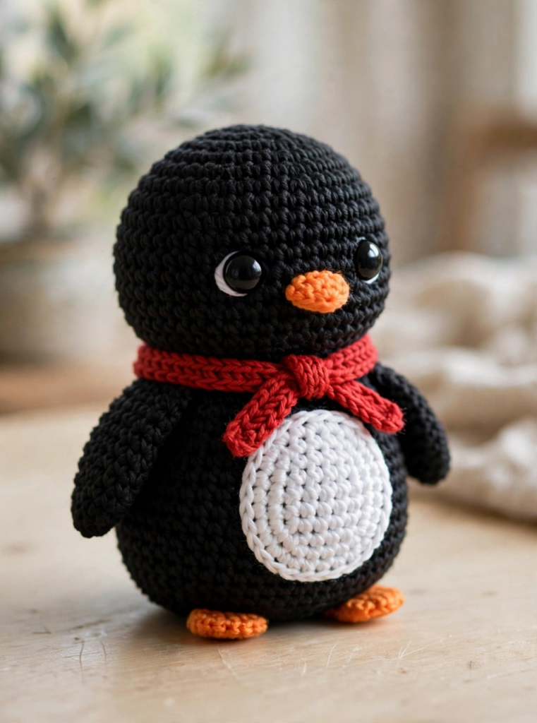 Finished crochet penguin with red winter scarf