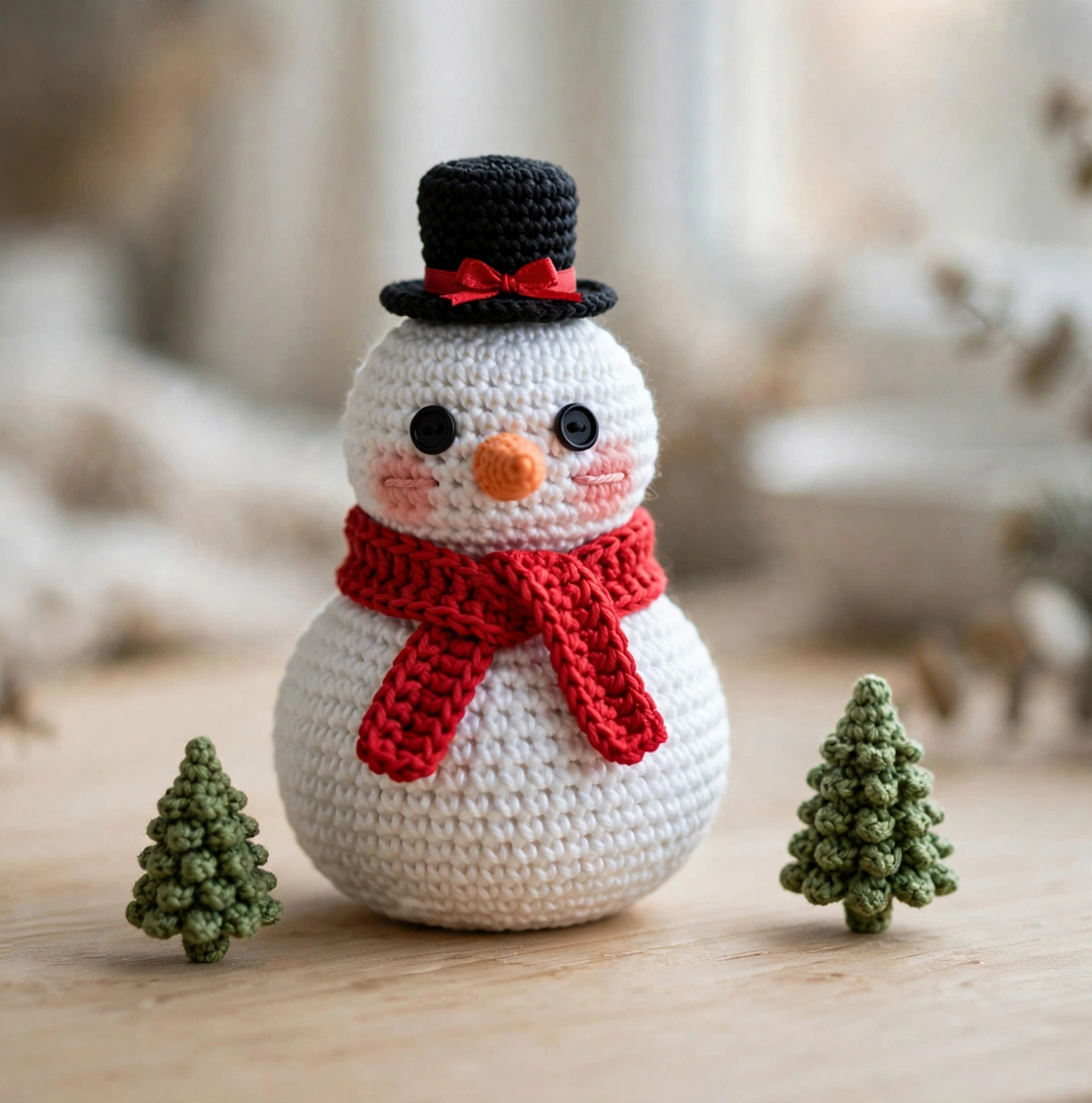 Step 6 - Finished crochet snowman with carrot nose, red scarf and black top hat next to mini pine trees