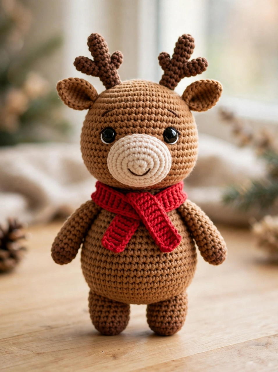 Crochet reindeer pattern step 6: finished standing crochet reindeer with antlers and red scarf on a wooden table
