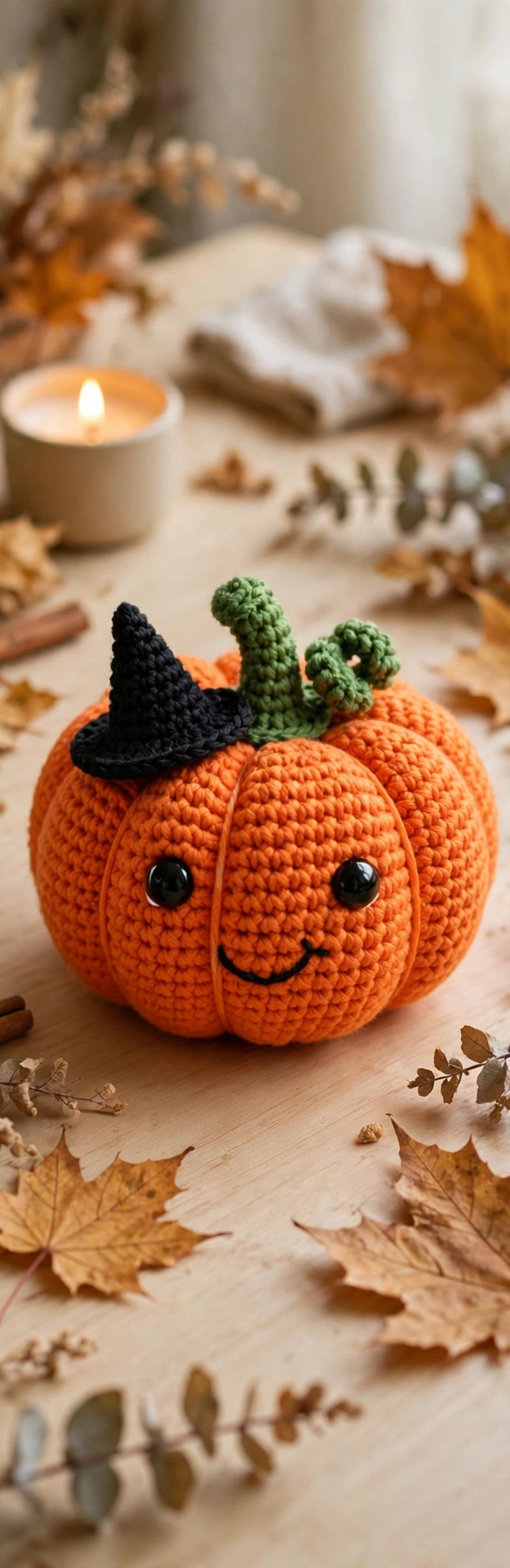 Crochet pumpkin step 5: finished amigurumi styled with autumn leaves and a candle