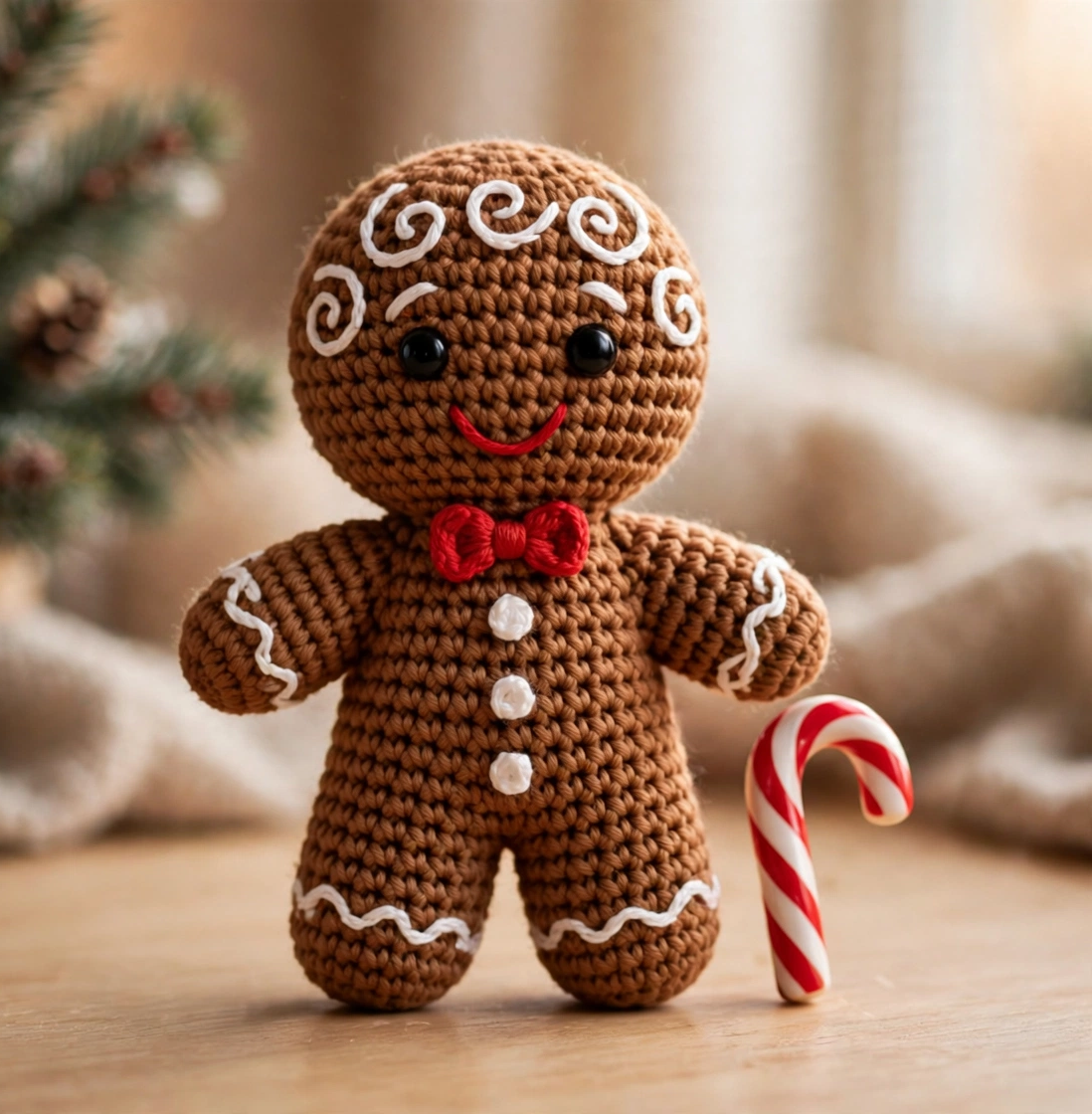 Crochet gingerbread man pattern step 6: the finished crochet gingerbread man with red bow tie and candy cane prop