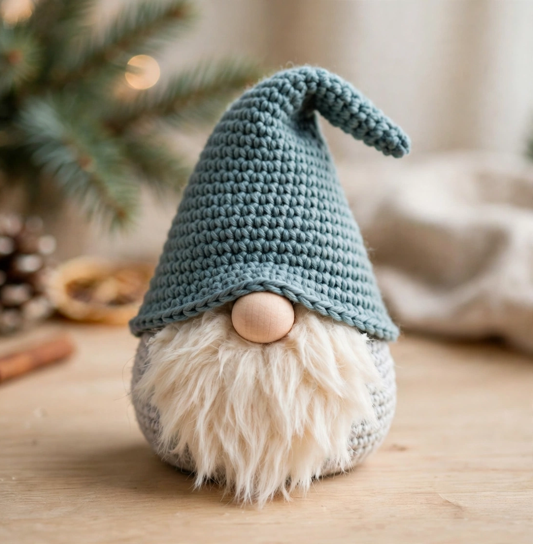 Step 6 of the crochet Christmas gnome pattern: the finished gnome with its tilted teal hat.