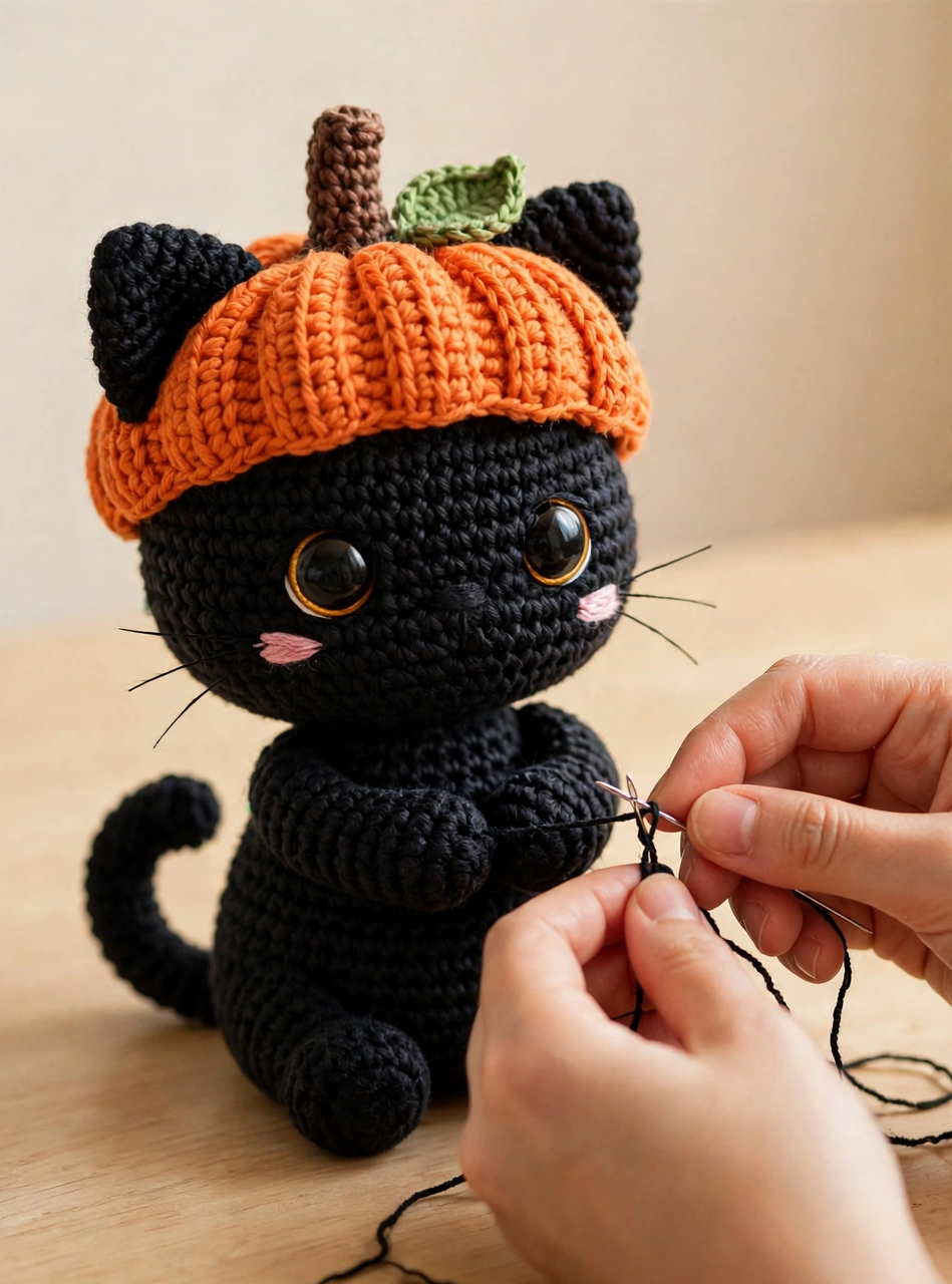 Crochet pumpkin kitty pattern step 6: the finished pumpkin kitty wearing its hat while the face details are added