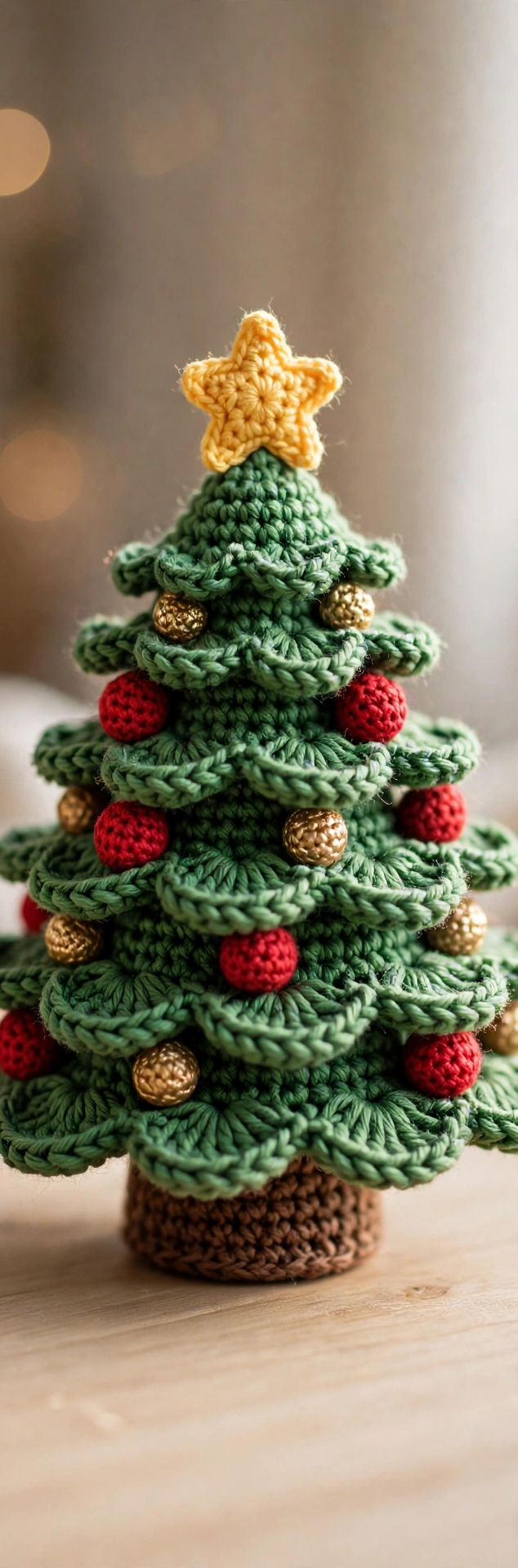 Finished crochet Christmas tree pattern: green tiered tree with ornaments and star topper
