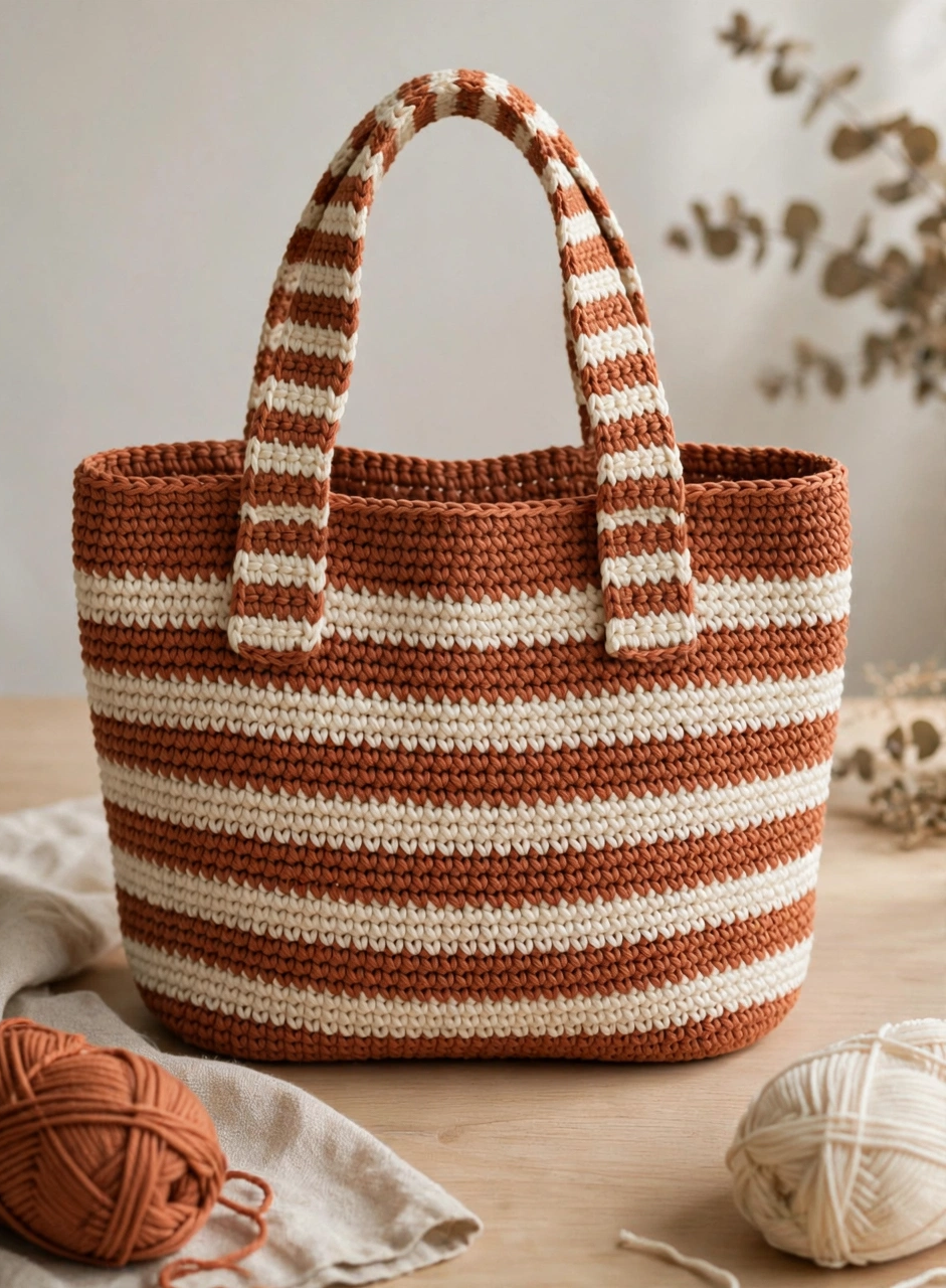 Finished terracotta and cream striped crochet tote bag with sewn handles