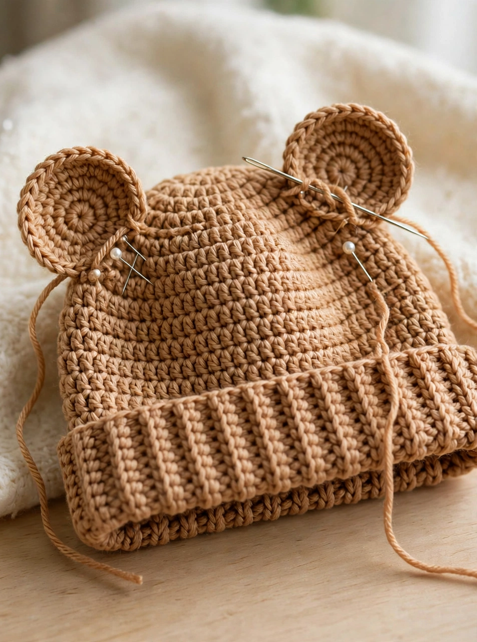 Crochet baby bear hat pattern step 6: sewing a round ear onto the crown of the finished bear hat
