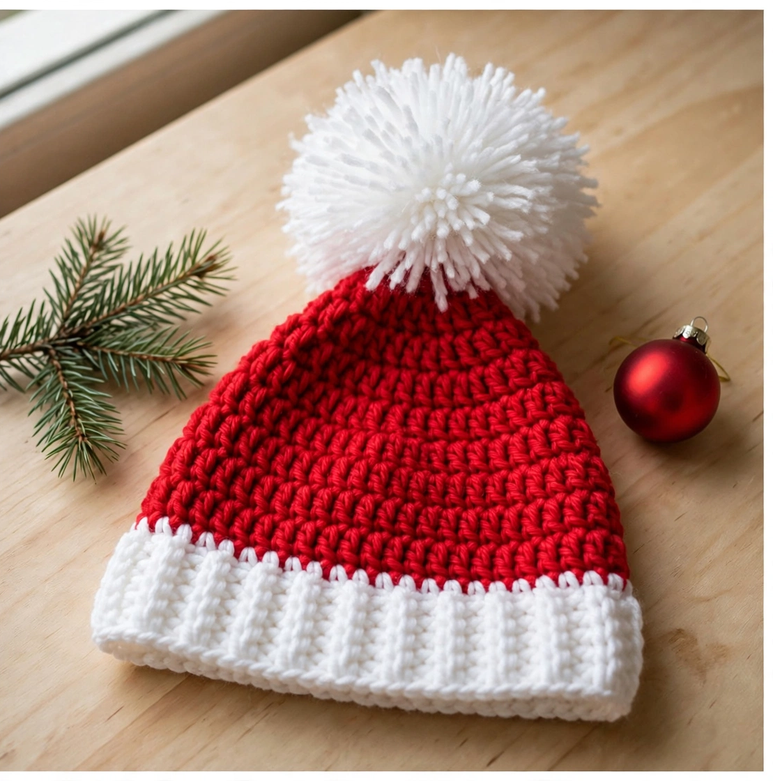 Finished crochet Santa hat styled on a wooden table with festive greenery