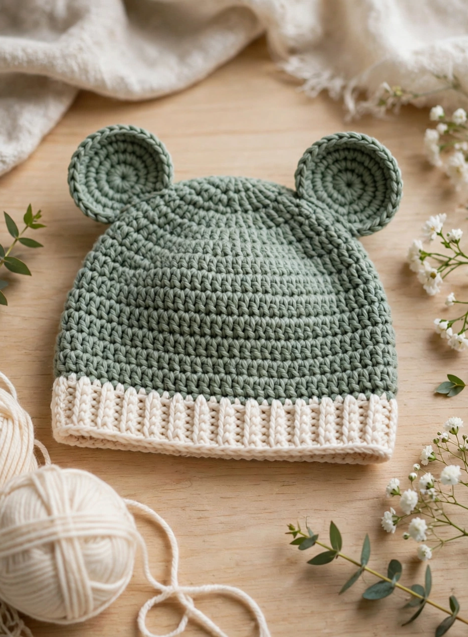 Finished crochet bear ears hat pattern: sage green hat with cream brim and two ears in a flat lay