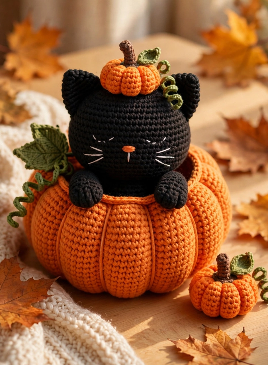 Finished crochet cat in pumpkin pattern: the kitty wearing its tiny pumpkin cap with stem, leaf and curly vine