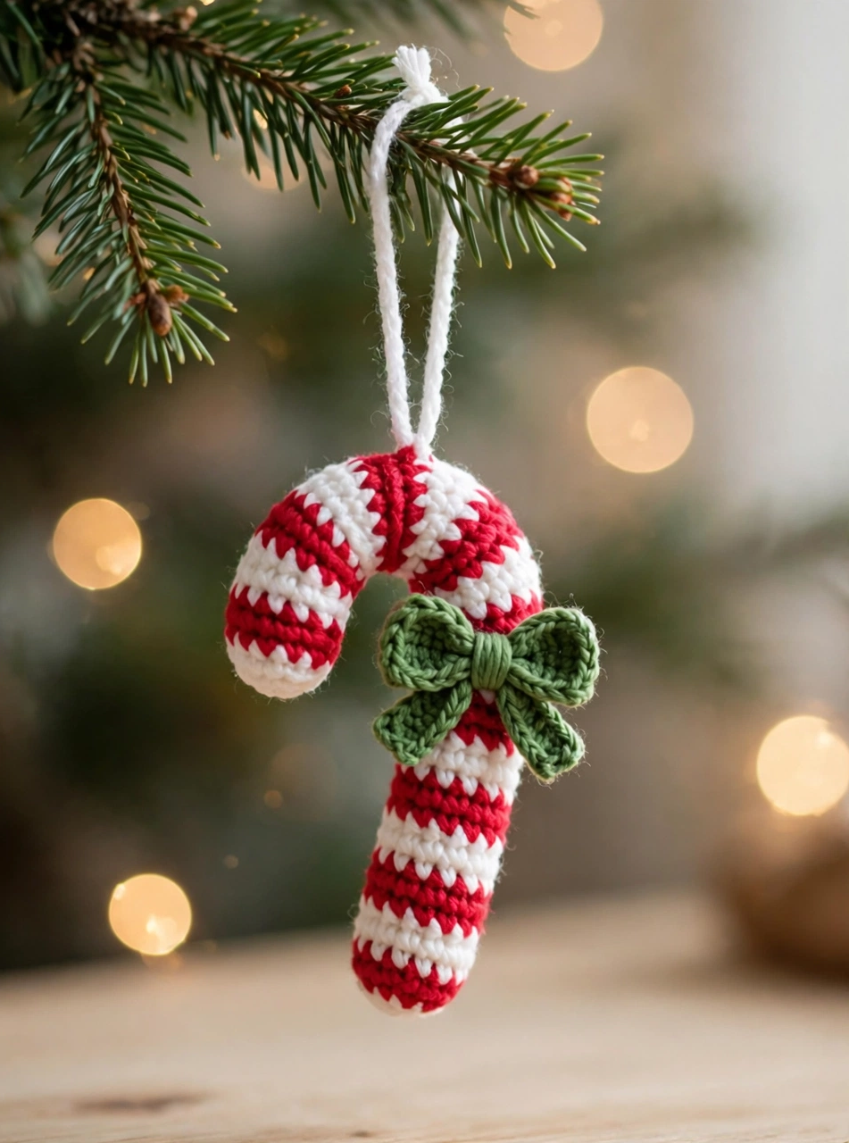 Step 6 of the crochet candy cane pattern: the finished candy cane ornament hanging from a pine branch