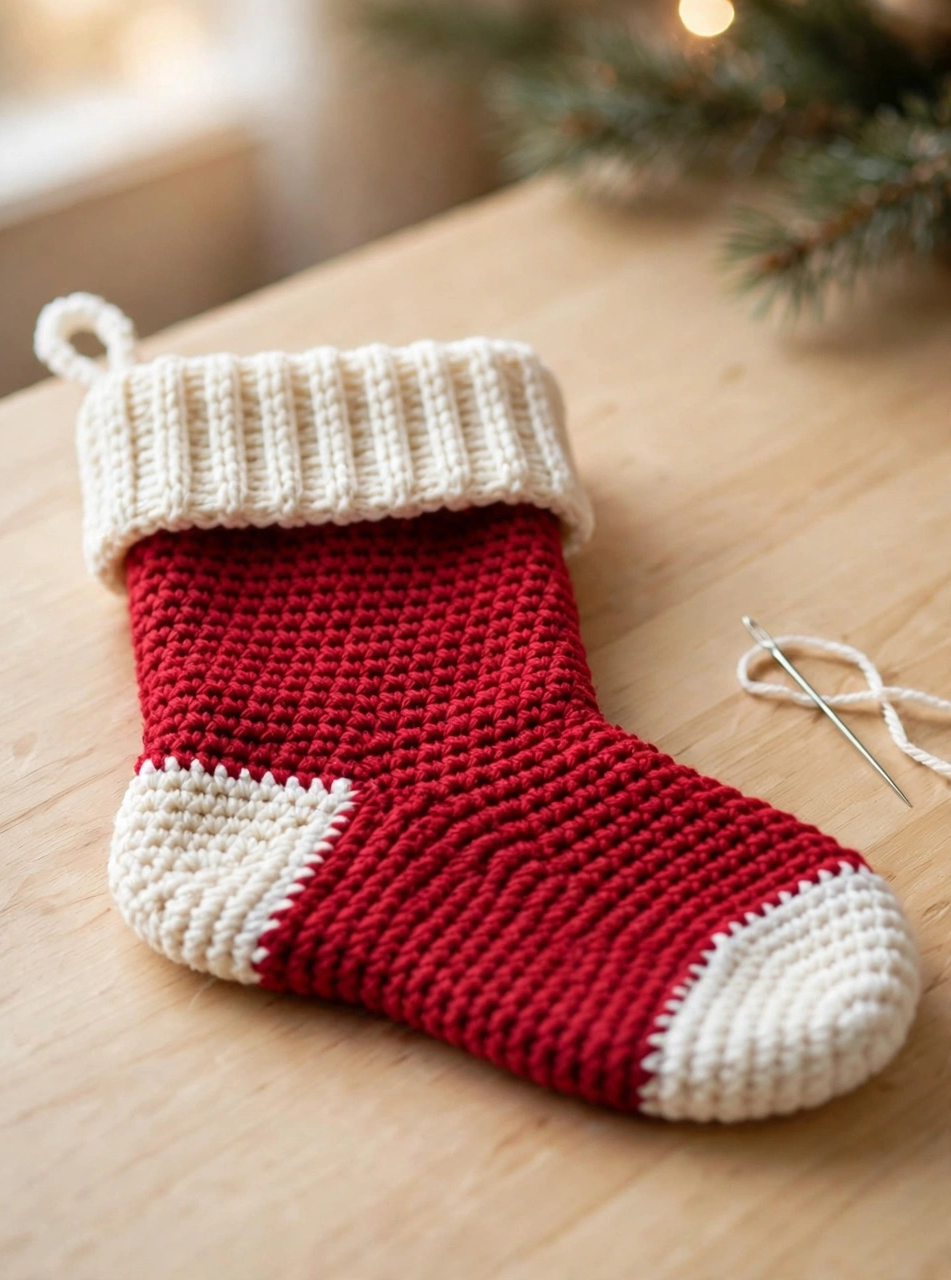 Finished crochet Christmas stocking pattern: red stocking with cream ribbed cuff, white heel and toe, and hanging loop
