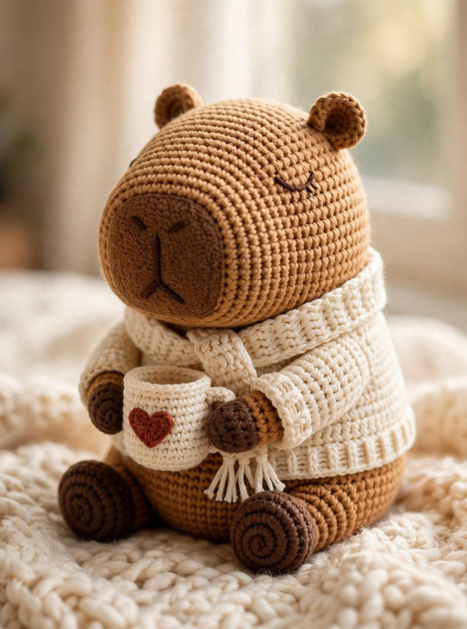 Crochet capybara pattern step 6: the finished capybara assembled with embroidered sleeping eyes and Y-shaped mouth