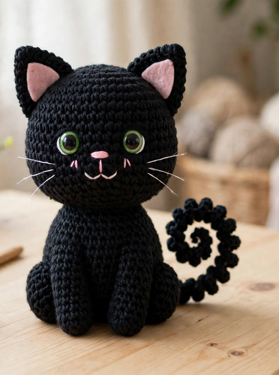 Finished black cat from the crochet black cat pattern, sitting with its curly tail