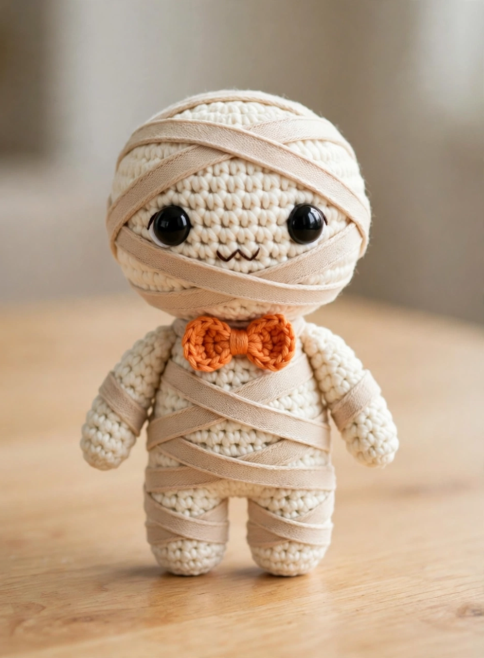 Finished cute crochet mummy amigurumi with bandages and orange bow tie