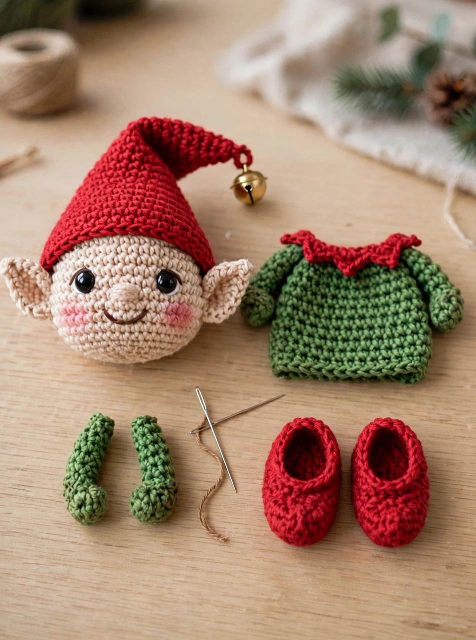 Step 6 of the crochet Christmas elf pattern — all pieces ready for final assembly