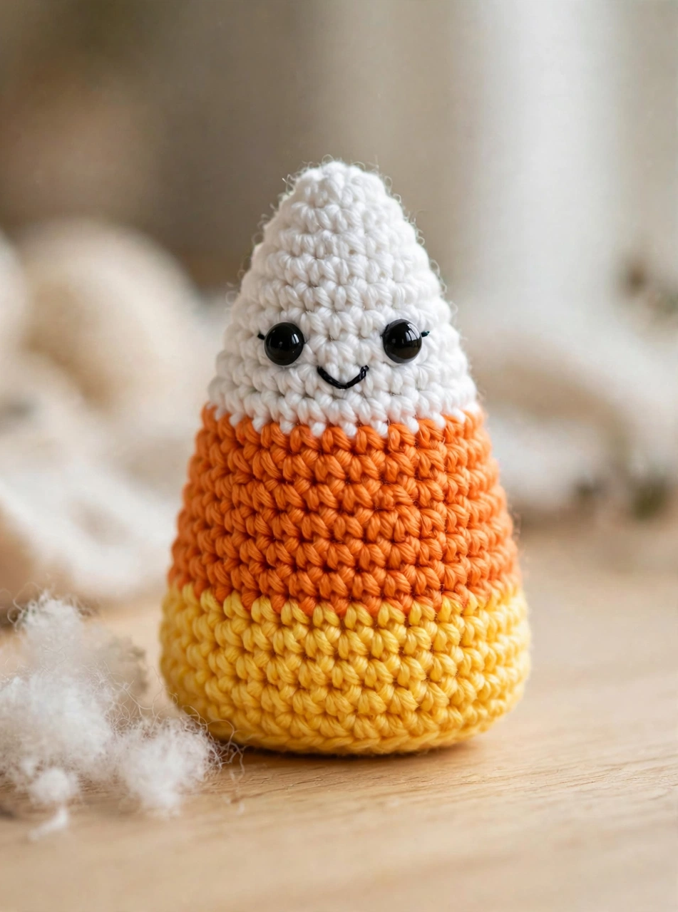 Step 6 of the crochet candy corn pattern: finished stuffed candy corn amigurumi
