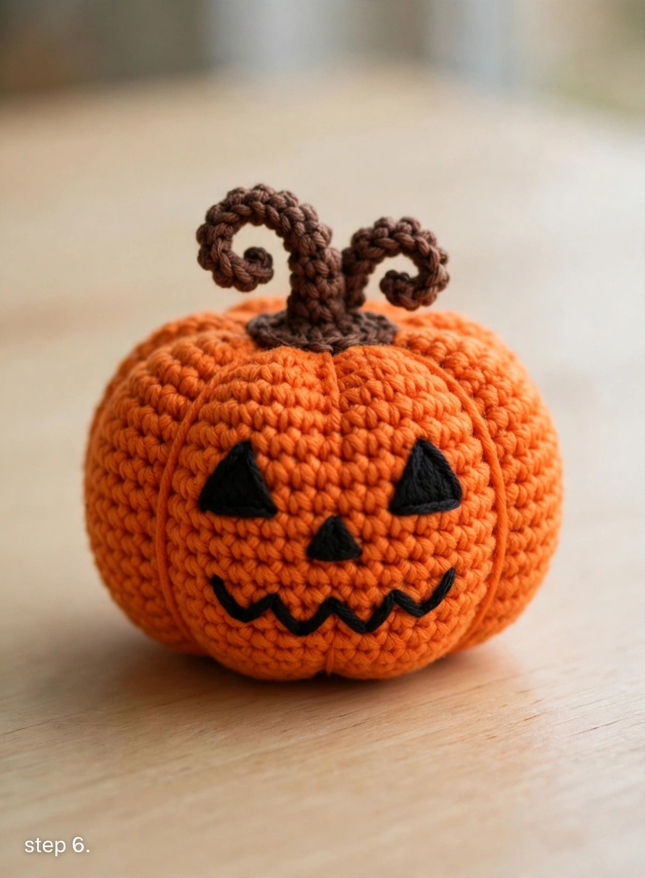 Finished crochet jack-o-lantern amigurumi with curly stem on a wooden table - step 6 of the crochet jack-o-lantern pattern