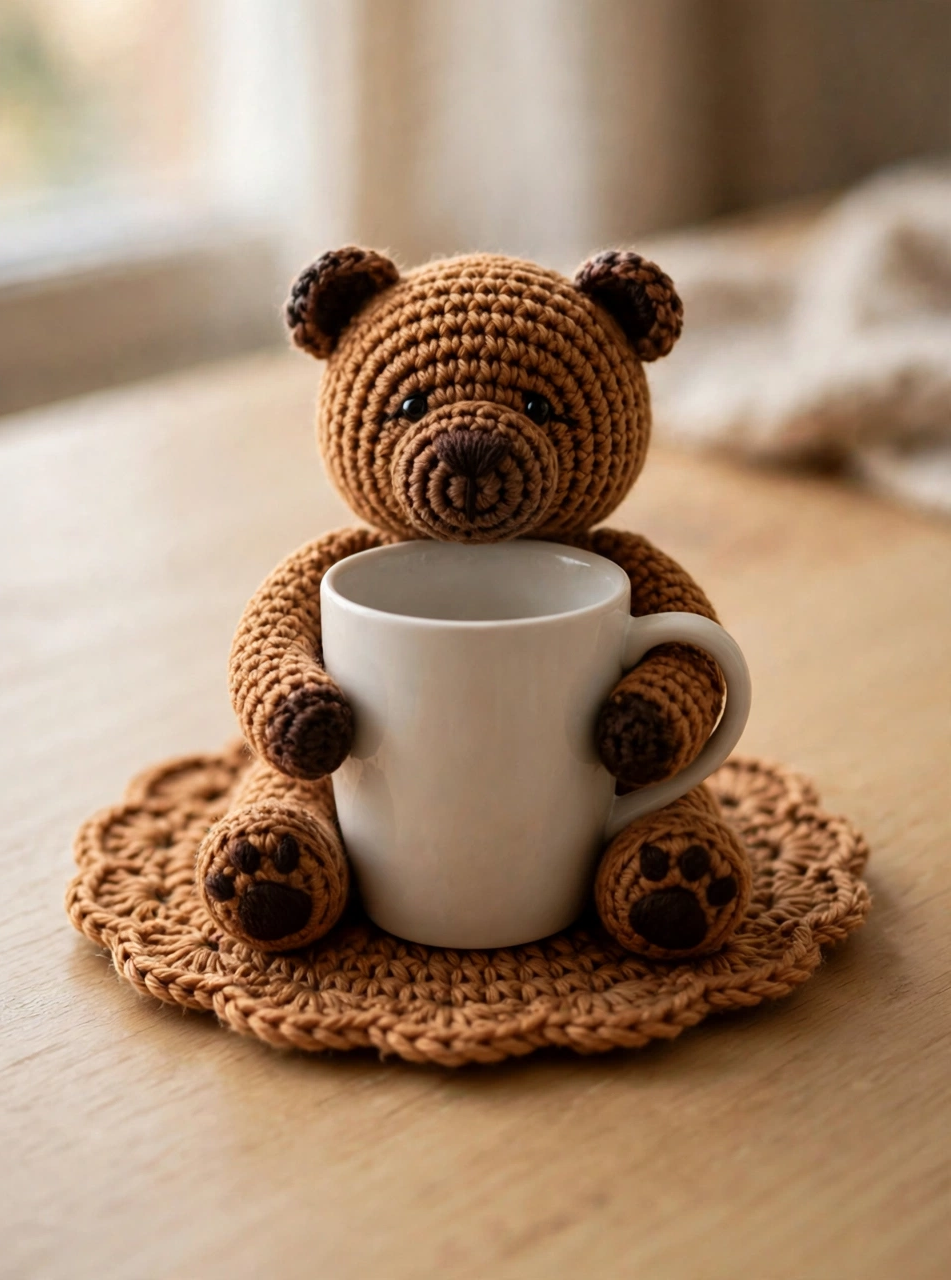 Finished bear hugging a white mug, the crochet bear mug buddy pattern completed