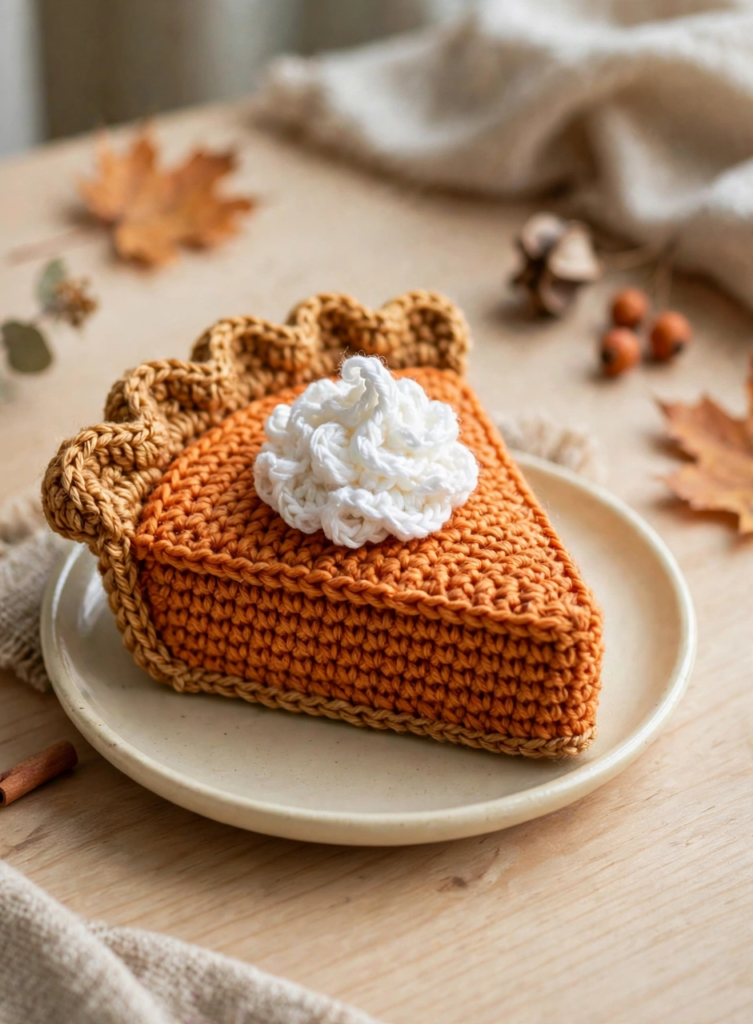 Finished crochet pumpkin pie pattern slice ready for display