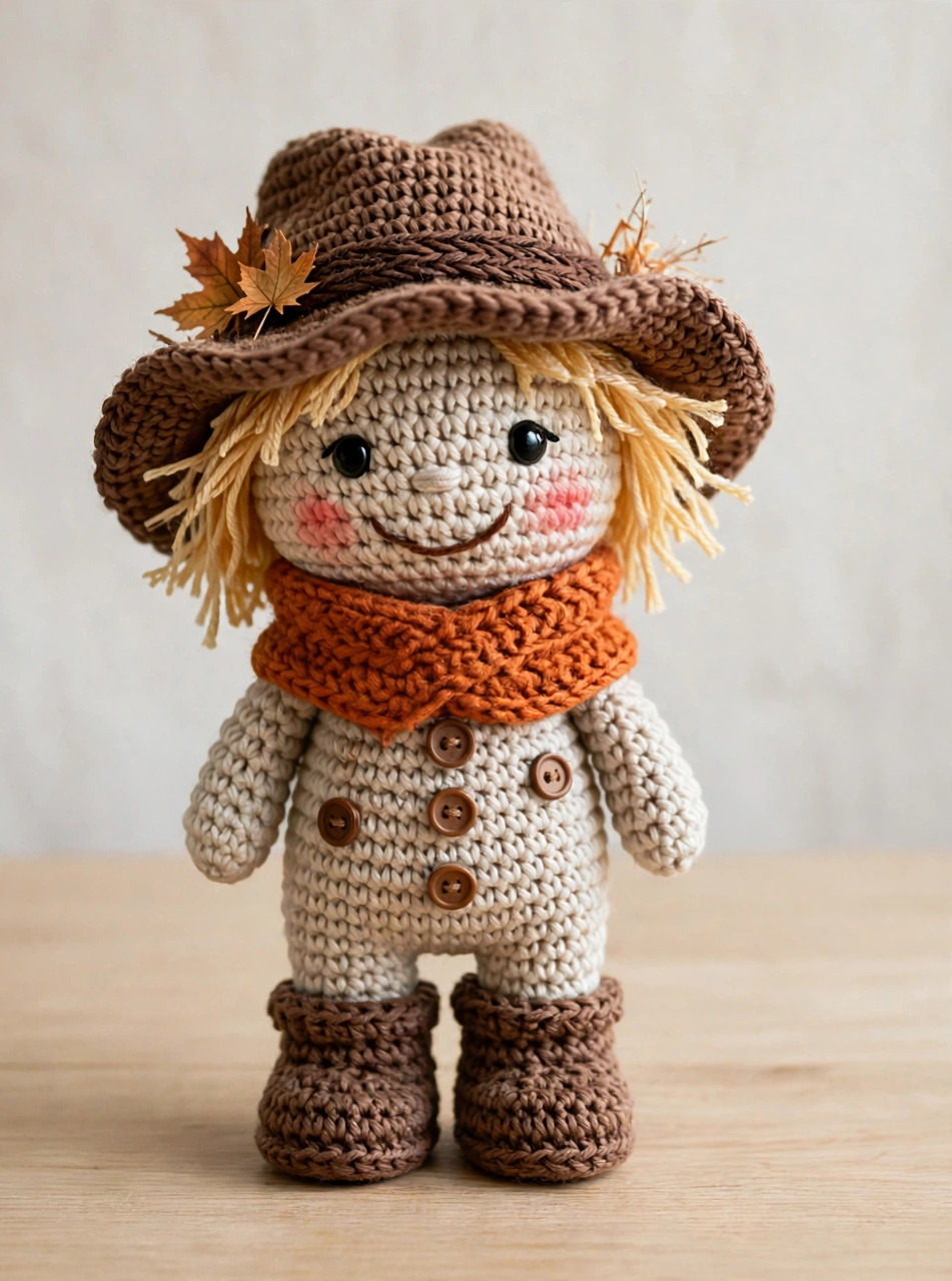 Finished crochet scarecrow with straw hair, buttons, floppy hat and orange scarf