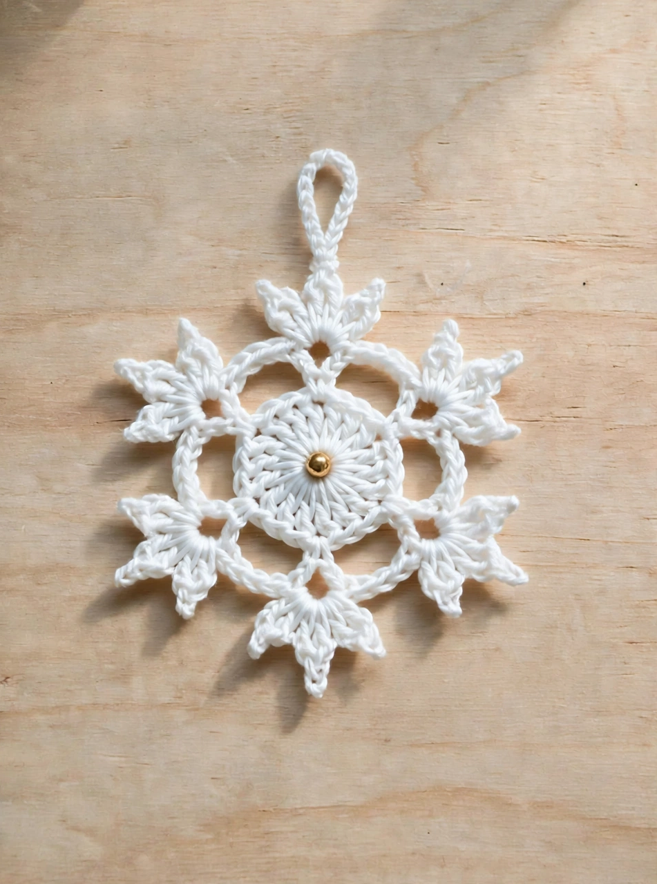 Step 6 of the crochet snowflake ornament pattern: the finished white snowflake ornament with a gold bead centre and hanging loop