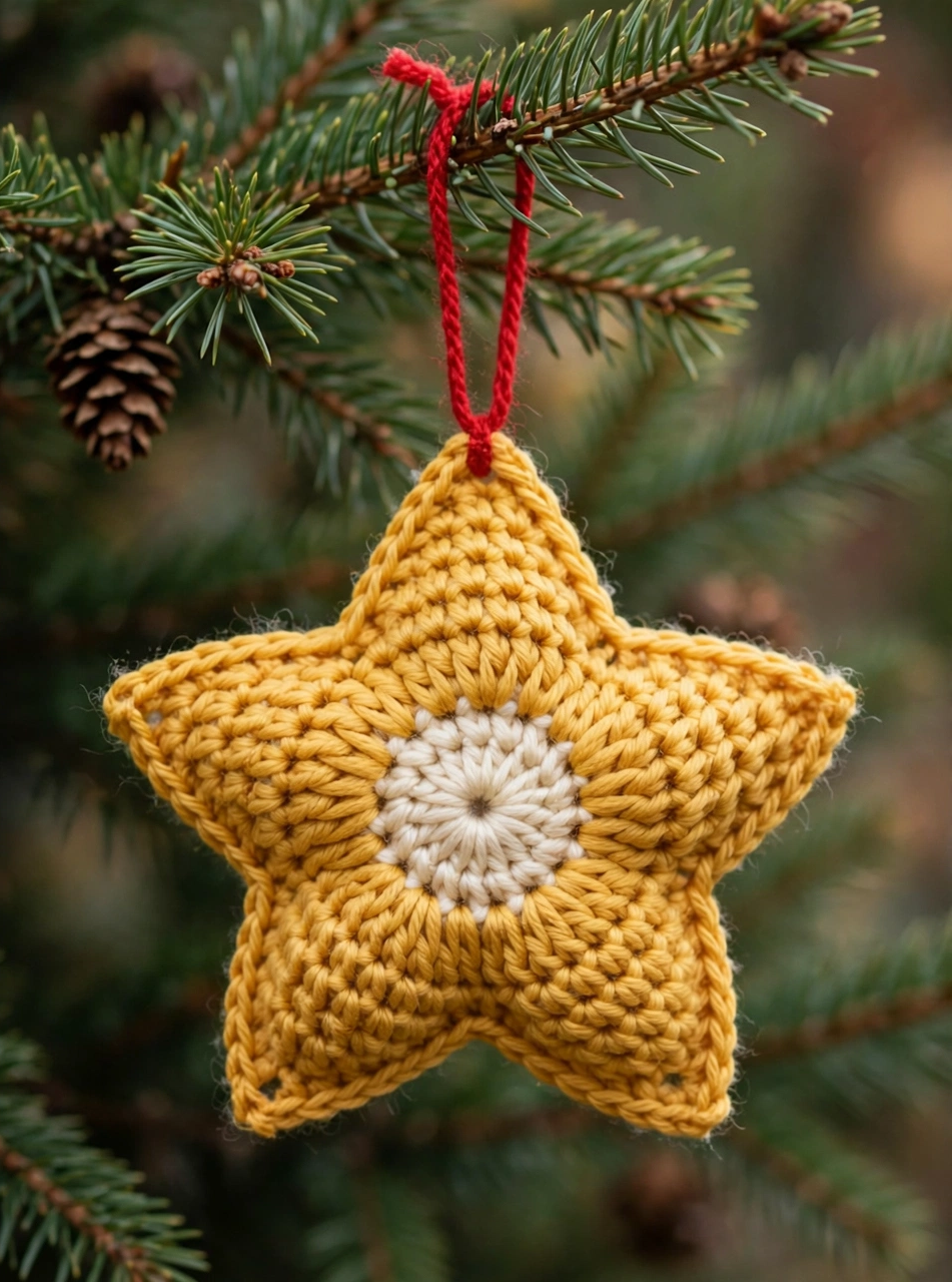 Finished golden crochet Christmas star ornament with cream centre and red loop hanging on a tree
