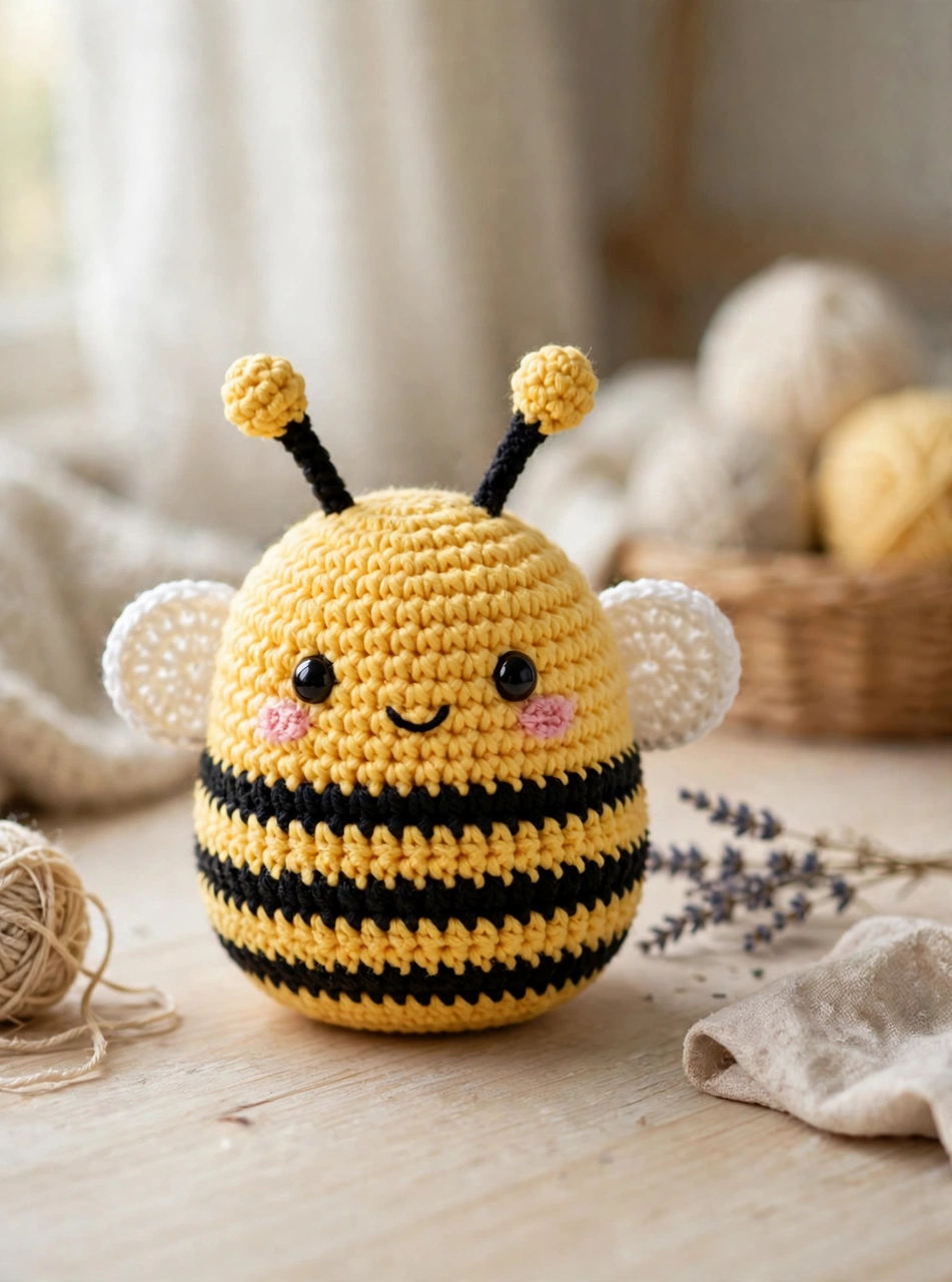 Finished kawaii crochet bee amigurumi with antennae and pink blush cheeks