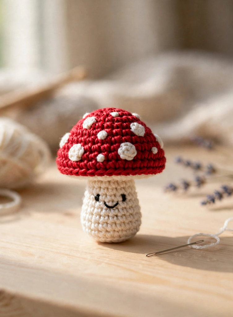 Finished crochet mushroom with embroidered face — free crochet mushroom pattern