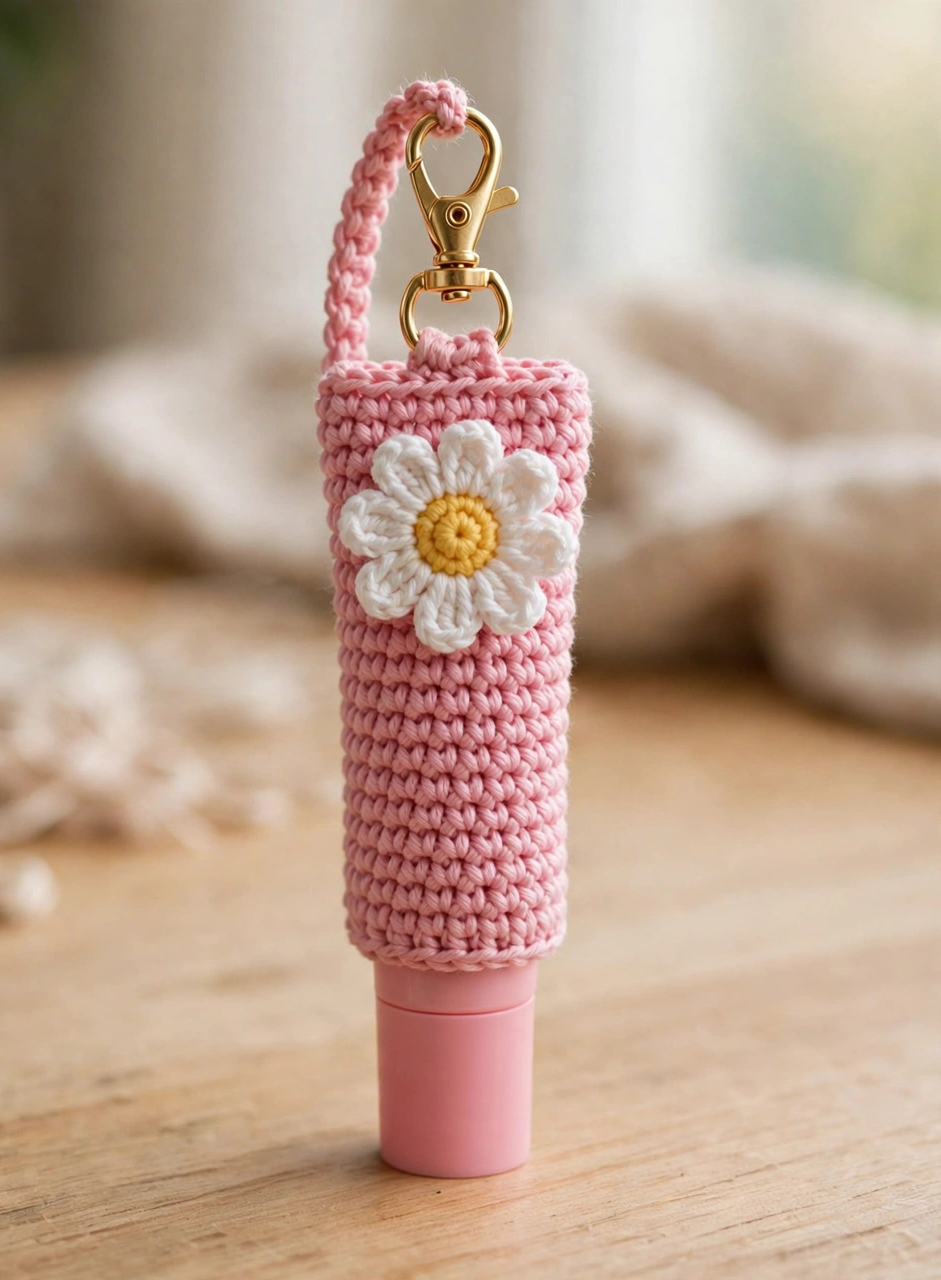 Step 6: finished pink crochet lip balm holder with daisy, clasp and lip balm