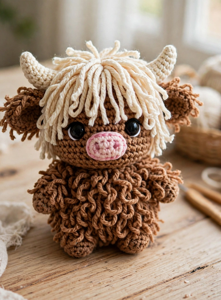 The finished crochet Highland cow amigurumi