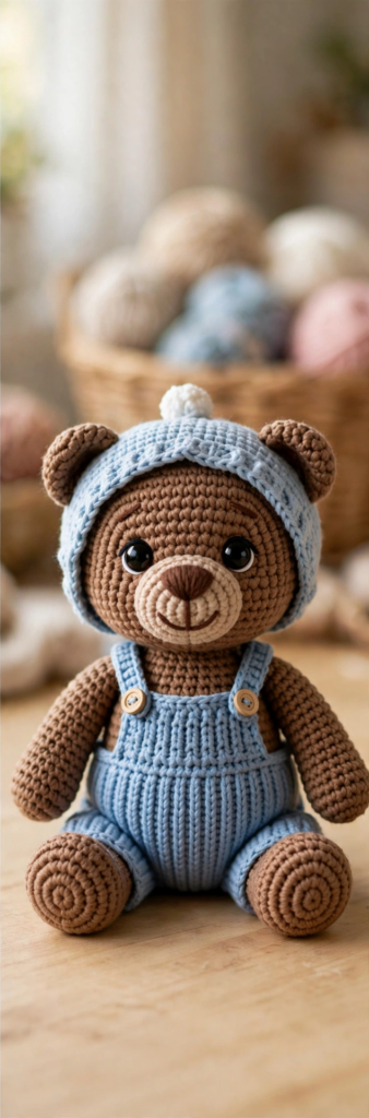 Finished teddy bear amigurumi in a blue bonnet and overalls
