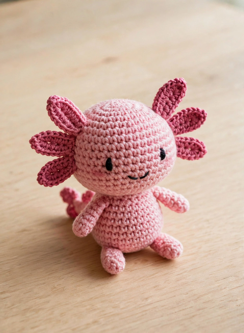 Step 6: the finished pink crochet axolotl amigurumi with frilly gills